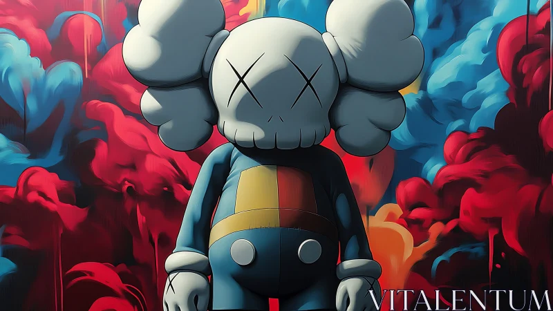 Cartoon figure with crossed eyes in vivid smoke clouds.