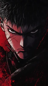 Brooding anime warrior in high-contrast red shadowed portrait.