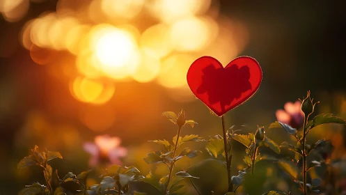 Red Heart-Shaped Lollipop Among Rose Stems at Golden Hour.