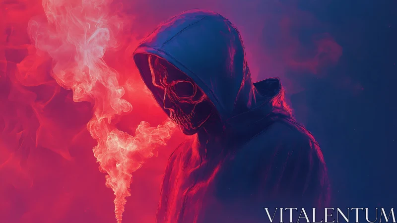 Hooded skeletal figure in red smoke against blue background.