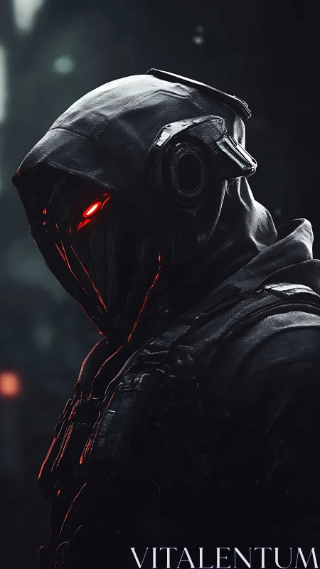 Hooded cybernetic figure with illuminated red visor in profile.