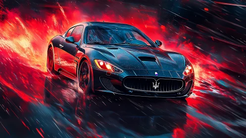 Midnight supercar slices through neon firestorm at speed