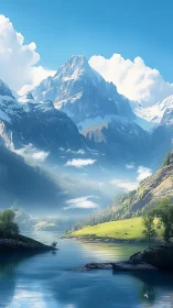 Sunlit alpine peak rises above tranquil blue mountain lake