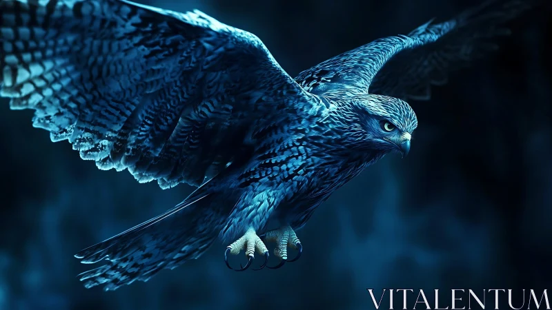 Majestic Hawk in Flight, Digital Art with Moody Blue Tones.