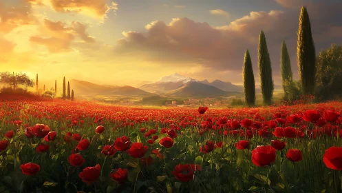 Sunlit poppy field extends toward distant snow capped mountains