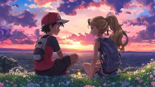 Anime sunset hillside overlook with two backpacked teenagers