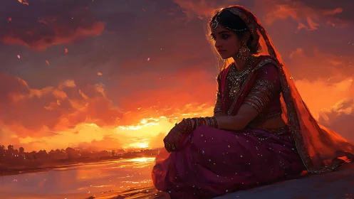 Bride in jeweled sari meditates by a glowing river sunset