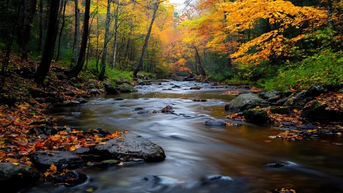 Autumn forest creek flowing through vivid golden foliage.