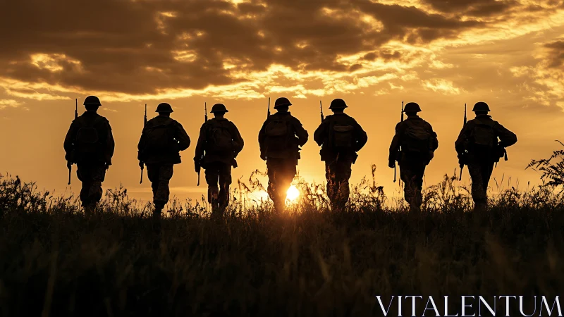 Line of armed soldiers walks across field at sunset