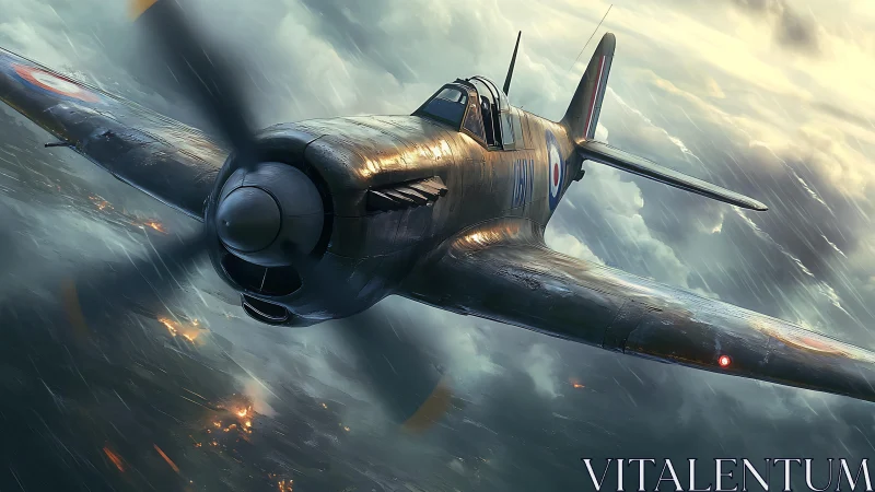 Single military propeller aircraft flies over turbulent clouds