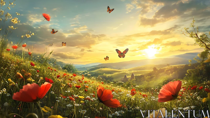 Sunlit wildflower meadow with butterflies in high depth rendering