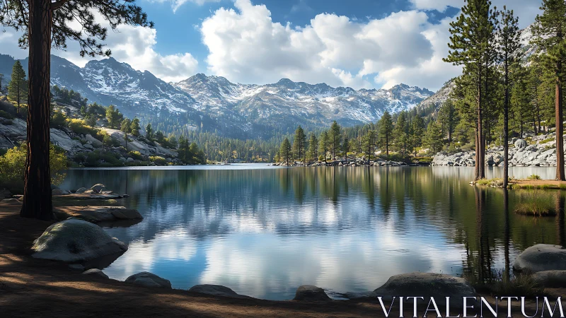 Serene alpine lake with conifer forest and snow-capped peaks.