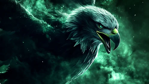 Majestic eagle in dramatic green digital art with glowing effects.