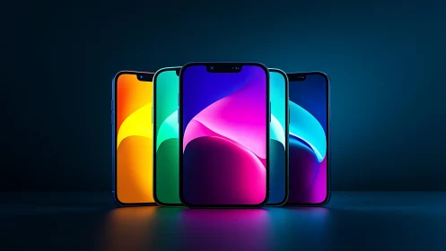 Prismatic smartphones glow like neon totems in midnight blue.