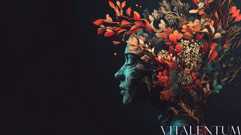 Floral-infused female profile emerging from darkness.