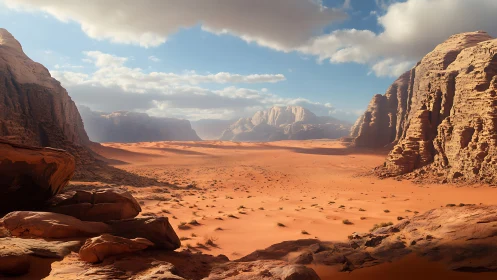 Sun-carved desert canyon under a sky of wandering clouds.