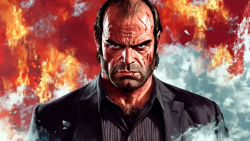 Explosive digital portrait of enraged man amid fire and smoke