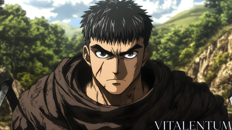 Battle-hardened warrior in rugged anime forest setting.