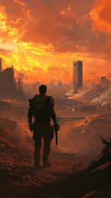 Solitary armed figure surveying ruined city at sunset.