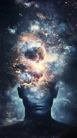 Cosmic mind silhouette dissolves into an exploding galaxy sky
