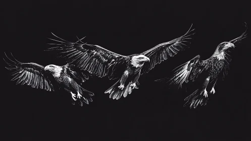 Three majestic eagles in flight, detailed monochrome illustration.