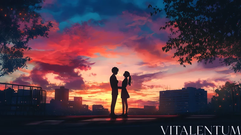 Silhouetted couple stands together under vivid sunset sky