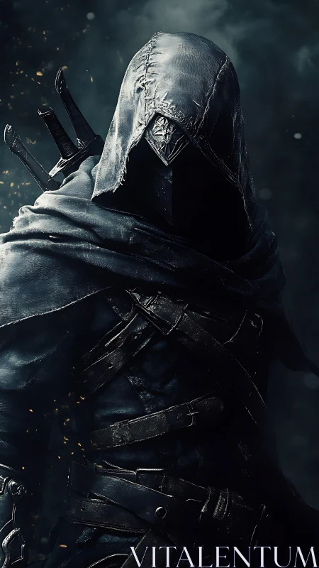 Hooded shadow assassin in stitched cowl and dark leathers.