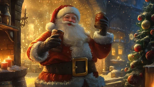 Santa raises festive mugs in a glowing winter courtyard.
