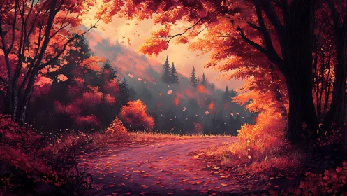 Digital forest landscape depicting autumn foliage with atmospheric lighting.
