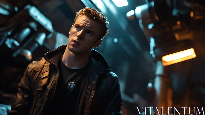 Cinematic male portrait in industrial workshop with dramatic key lighting