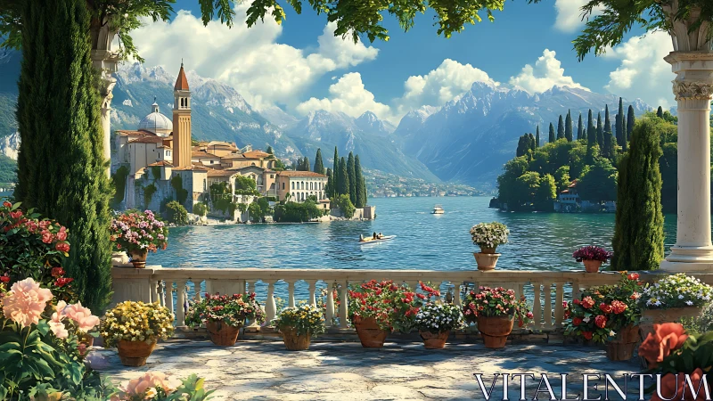 Terrace garden view over alpine lake and village.