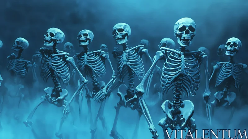 Blue-lit skeletal army rising through spectral mist.