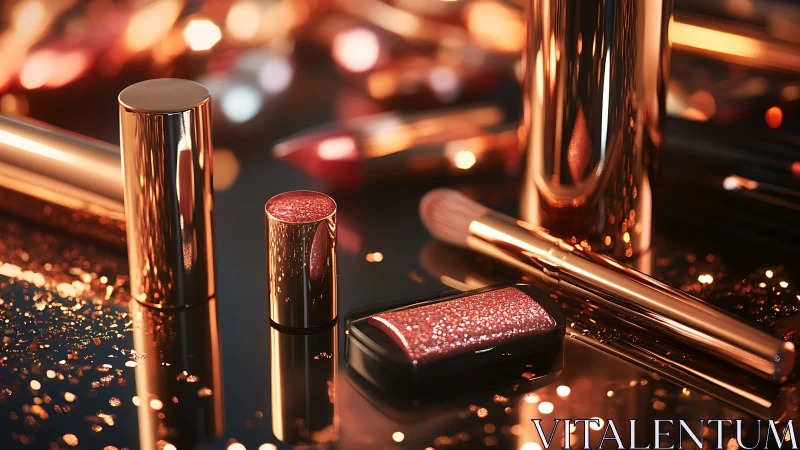 Luxe rose-gold makeup collection glows under warm lights.