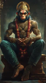 Powerful monkey deity seated in ornate golden regalia.