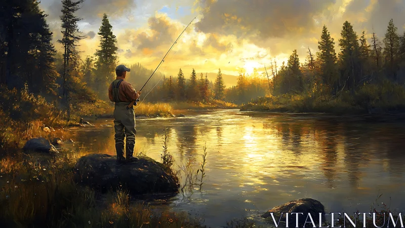 Sunlit river angler stands in golden forest twilight.