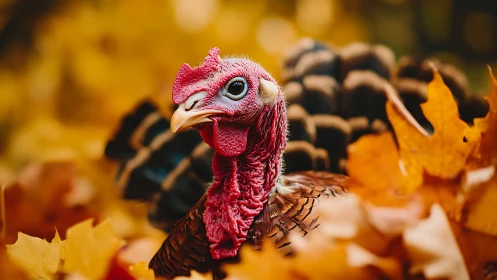 Wild Turkey Portrait with Autumnal Foliage Context.