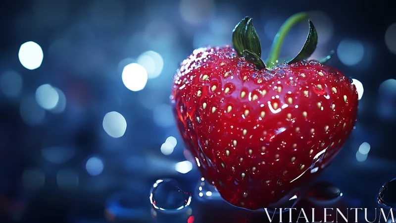 Heart-shaped strawberry glistening in cool blue bokeh light.