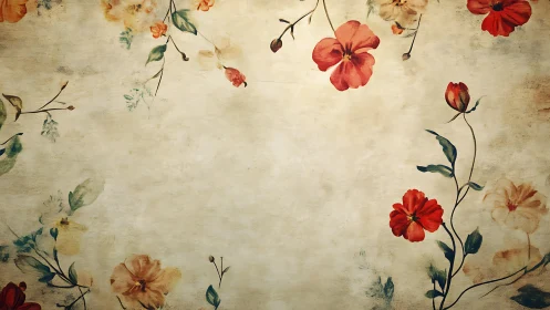 Vintage floral arrangement with red and peach blossoms on aged background.