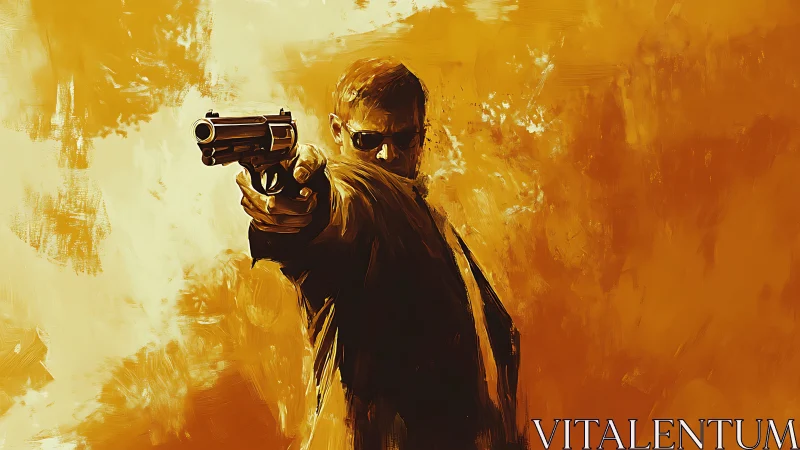 Gunman in sunglasses aims forward against blazing backdrop