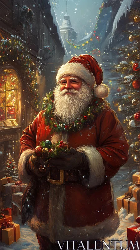 Santa Claus in snowy festive street with gifts and lights.