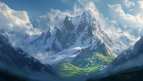 Snowy mountain peak above bright green alpine valley.