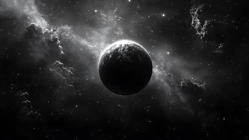 Midnight planet drifts through silver nebulae and scattered stars