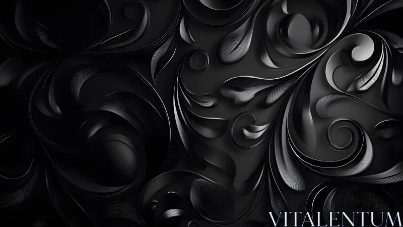 Elegant black abstract floral pattern with 3D metallic details.