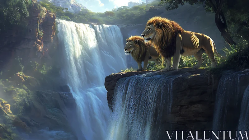Lions Survey Waterfall Kingdom. Majestic Predators Reign.