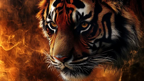 Photorealistic tiger portrait with infernal flame surround.