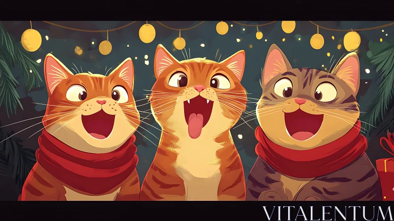 Three Festive Cats in Celebratory Setting with Lanterns.