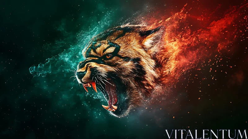 Digital painting of roaring wildcat with bifurcated energy trail.