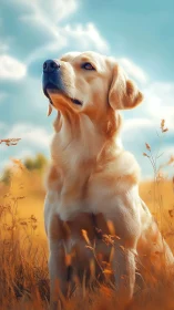 Golden retriever portrait under warm afternoon sky.