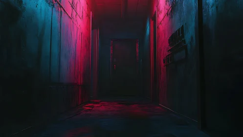 Neon-lit dystopian hallway glows with eerie cyberpunk tension