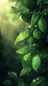 Sunlit green leaves hold fresh dewdrops in soft forest haze